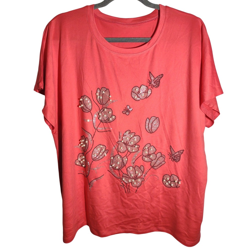 Coral Floral Rhinestone‎ Pearl Embellished One Size Polyester T-Shirt Top